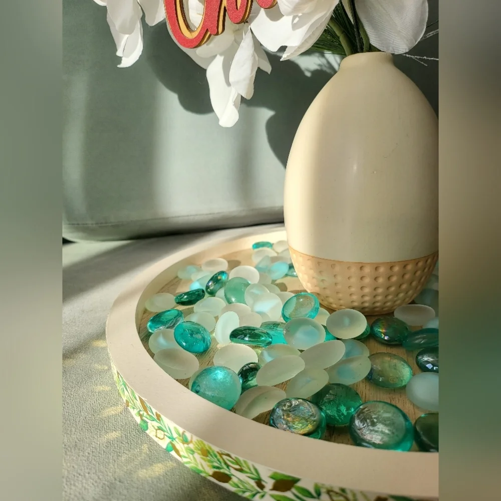 Centerpiece Set With Artificial Flower, Vase, Tray, Glass Pebbles